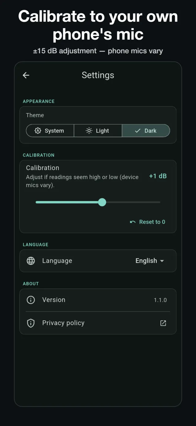 Settings screen with the ±15 dB microphone calibration slider and theme options