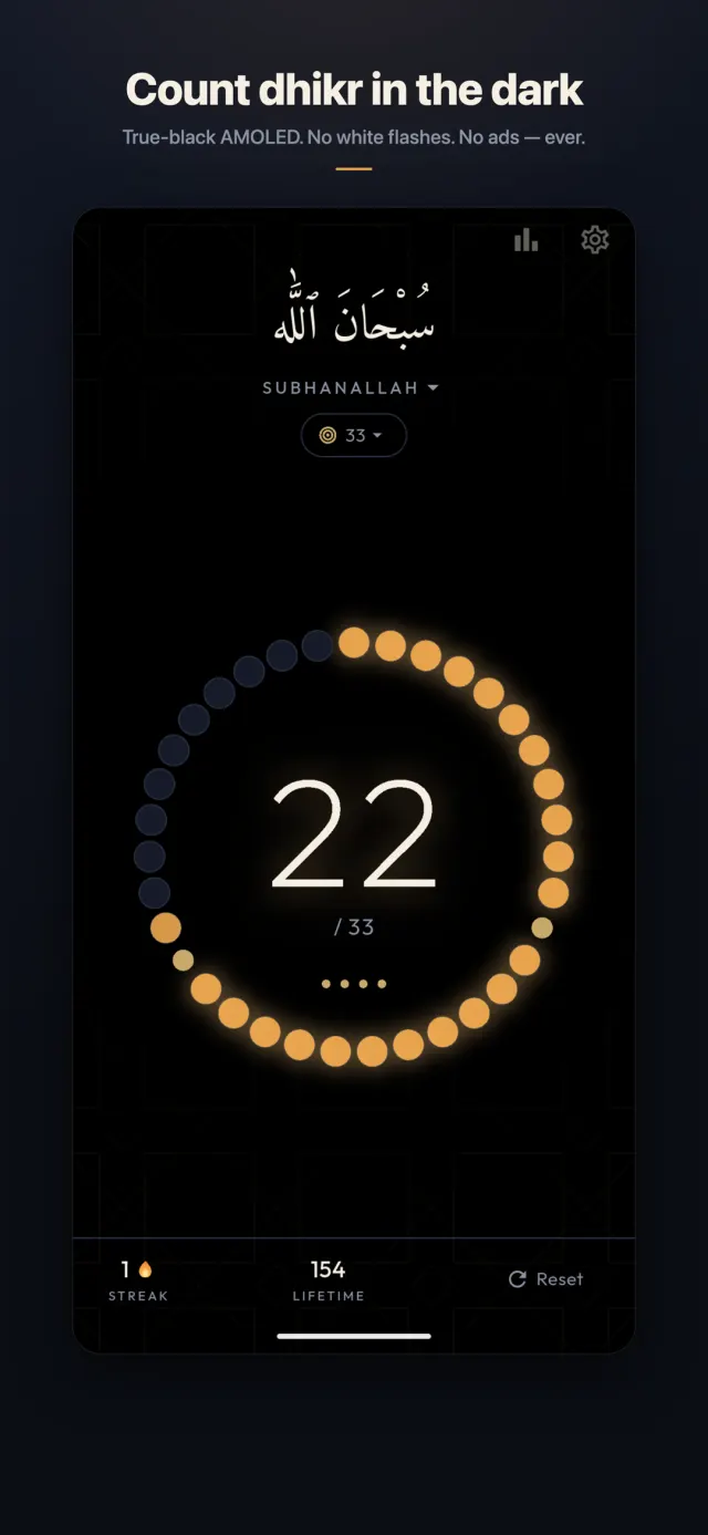 Tasbih Counter's 33-bead ring at count 22 in the true-black AMOLED theme, with SubhanAllah in Arabic calligraphy above