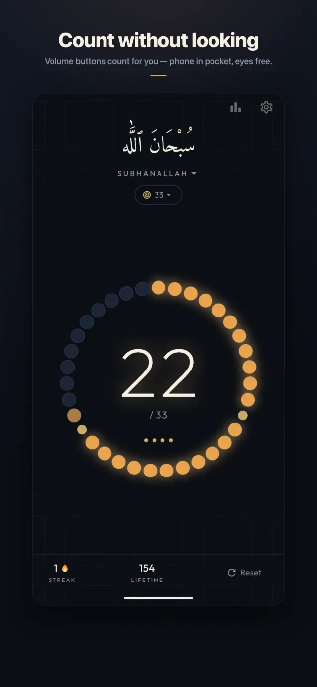 Counter screen highlighting volume-button counting — count with the phone in your pocket