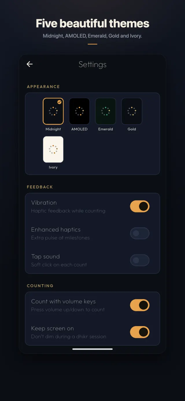 Settings screen with five theme cards: Midnight, AMOLED, Emerald, Gold and Ivory