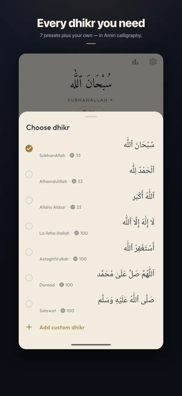 Dhikr picker listing seven presets in Amiri Arabic calligraphy, with an add-custom-dhikr option