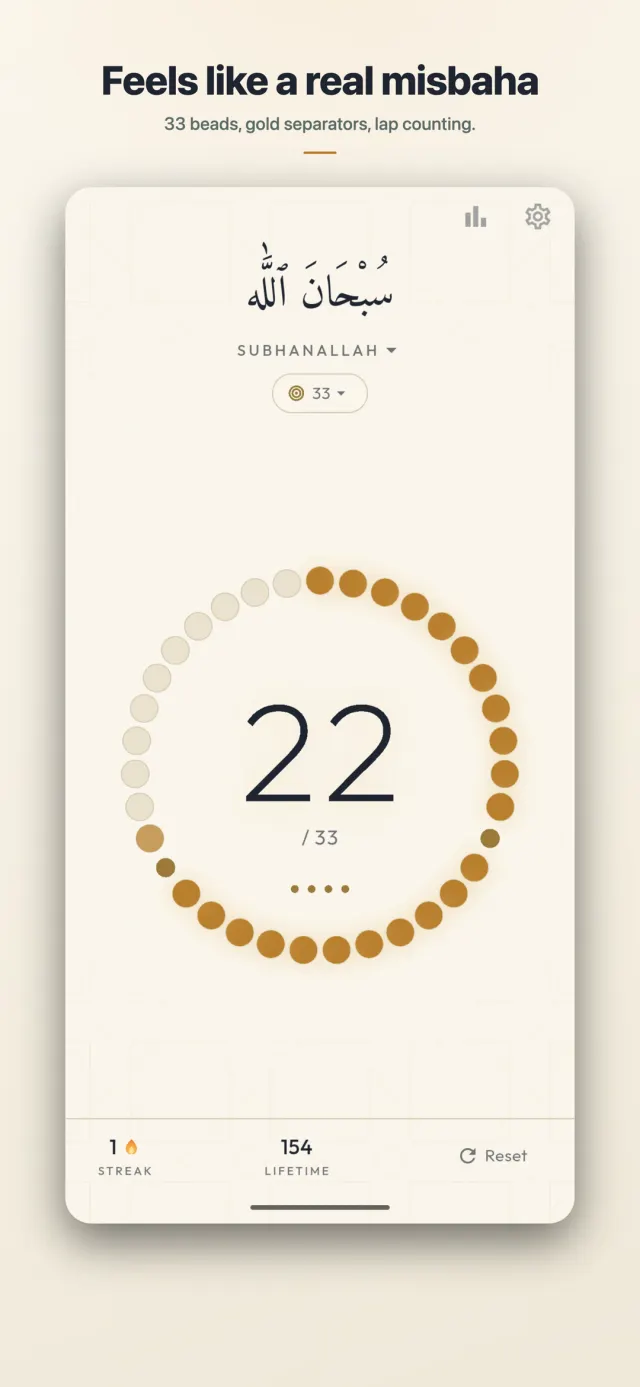 The bead ring in the warm Ivory theme, with gold separators and lap dots